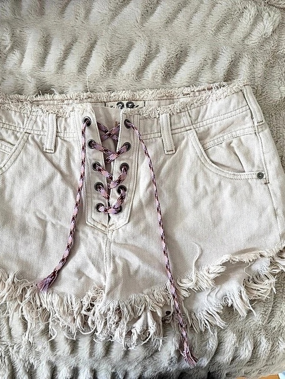 Free People Frayed Lace-Up White Jean Shorts